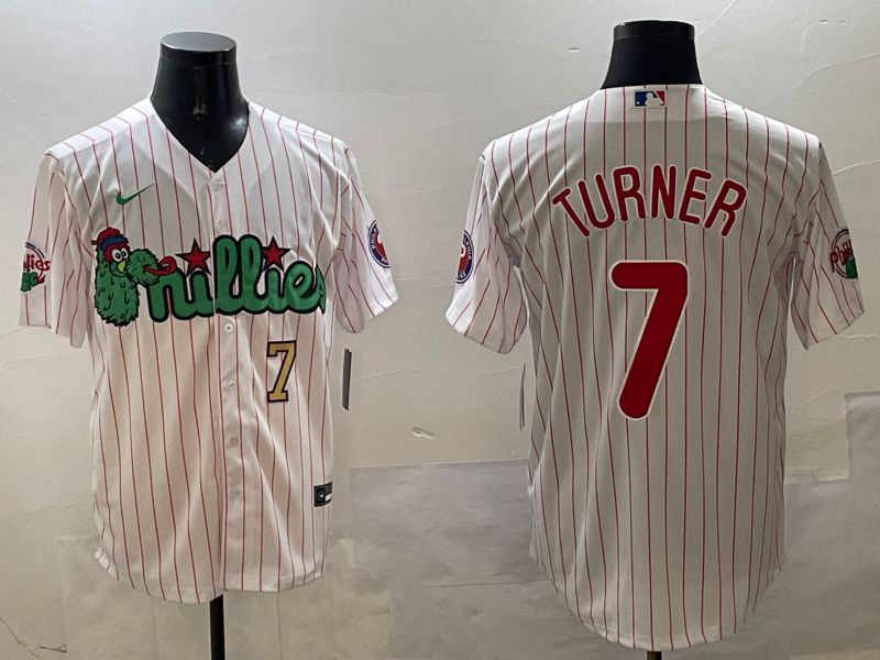 Men Philadelphia Phillies 7 Turner White Stripe Three generations Joint Name Game 2025 Nike MLB Jersey style 3